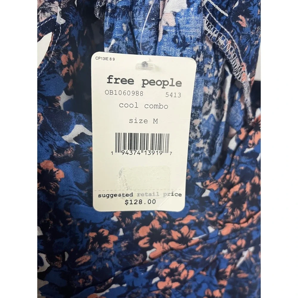 Free People NWT Women's Pattern Play Mini Dress Blue Floral Print Linen Blend- M